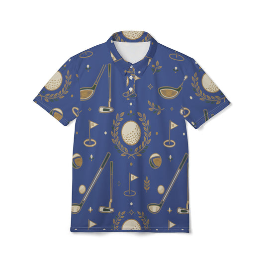 Golf Pattern Polo Shirt — Blue Trophy & Clubs All-Over Print