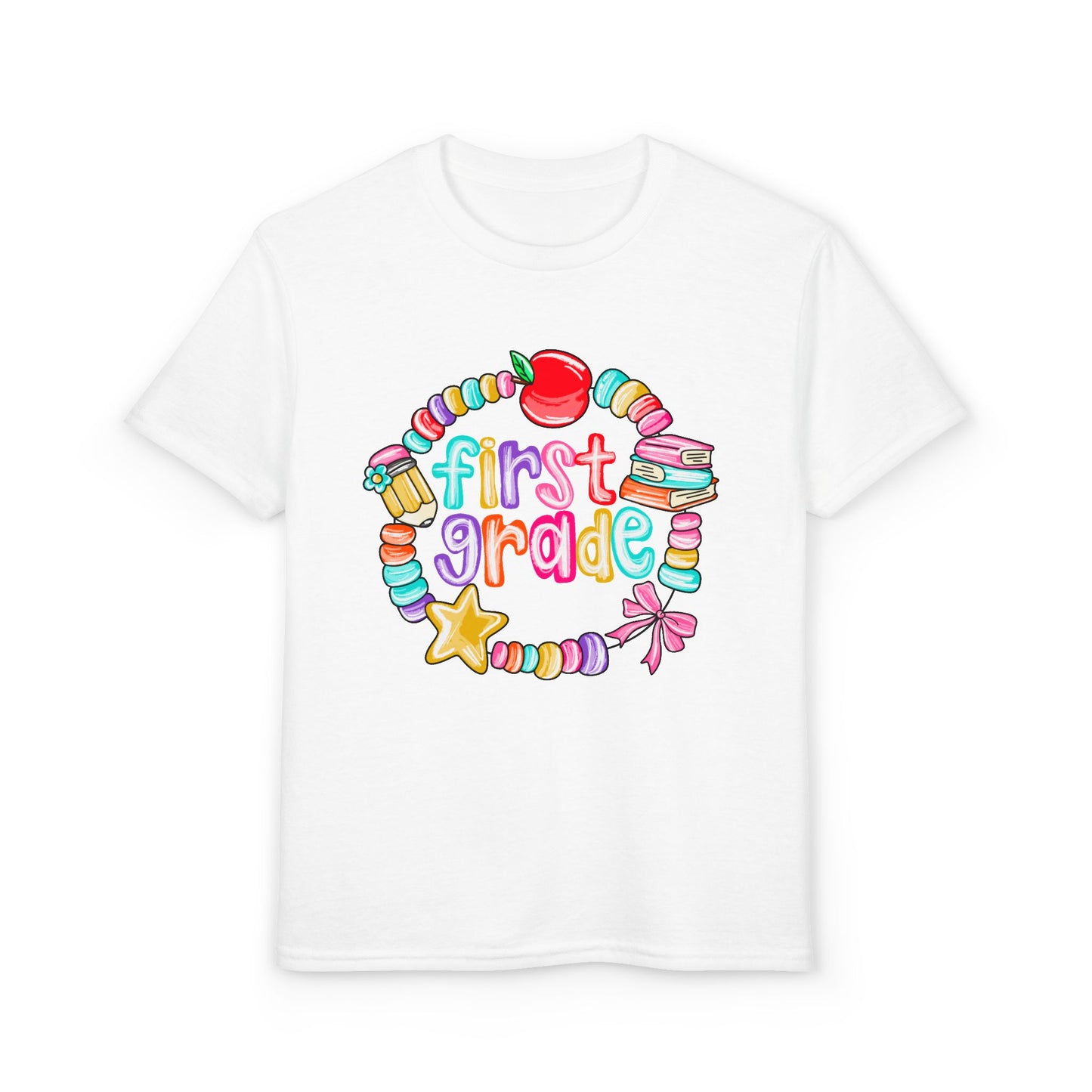 First Grade Youth T-Shirt — Colorful School Bead Wreath Back-to-School Tee
