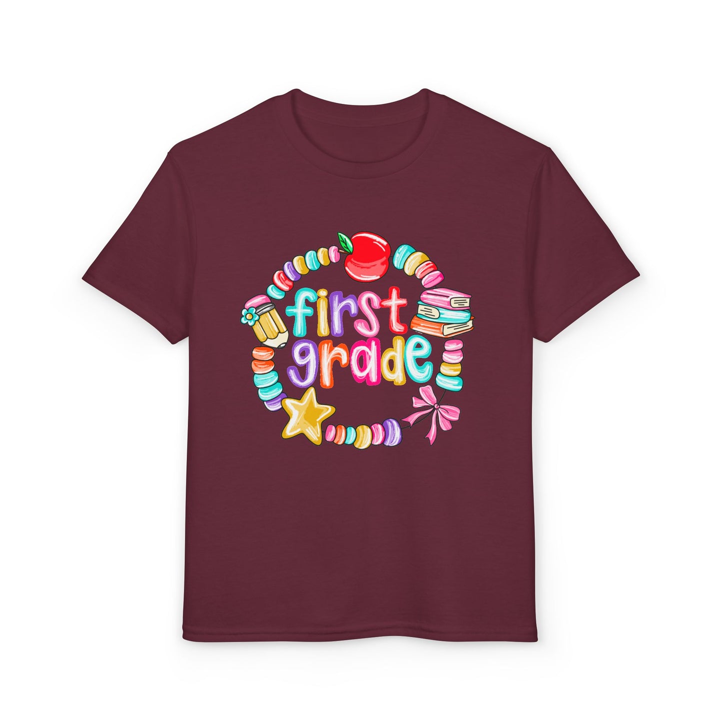 First Grade Youth T-Shirt — Colorful School Bead Wreath Back-to-School Tee