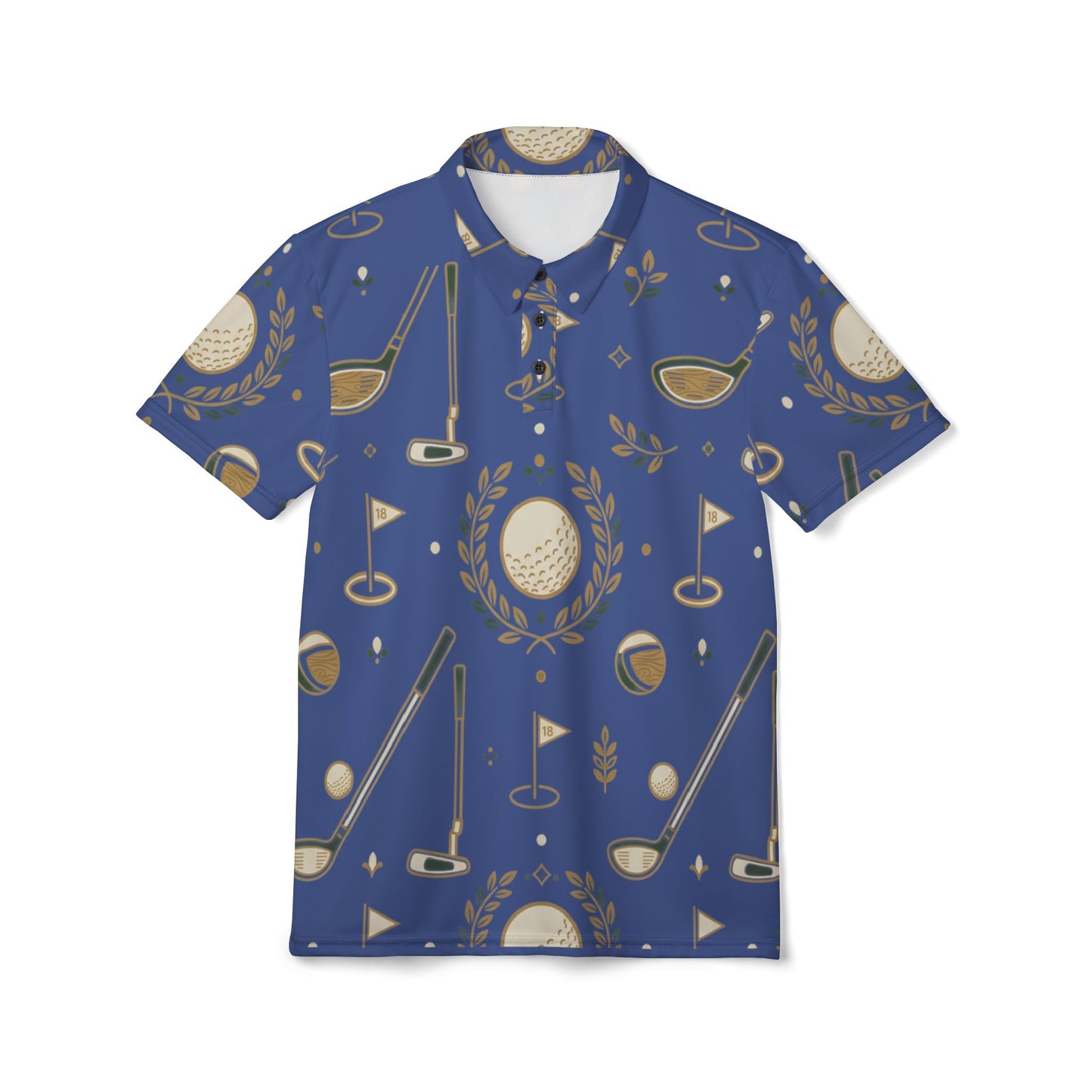 Golf Pattern Polo Shirt — Blue Trophy & Clubs All-Over Print