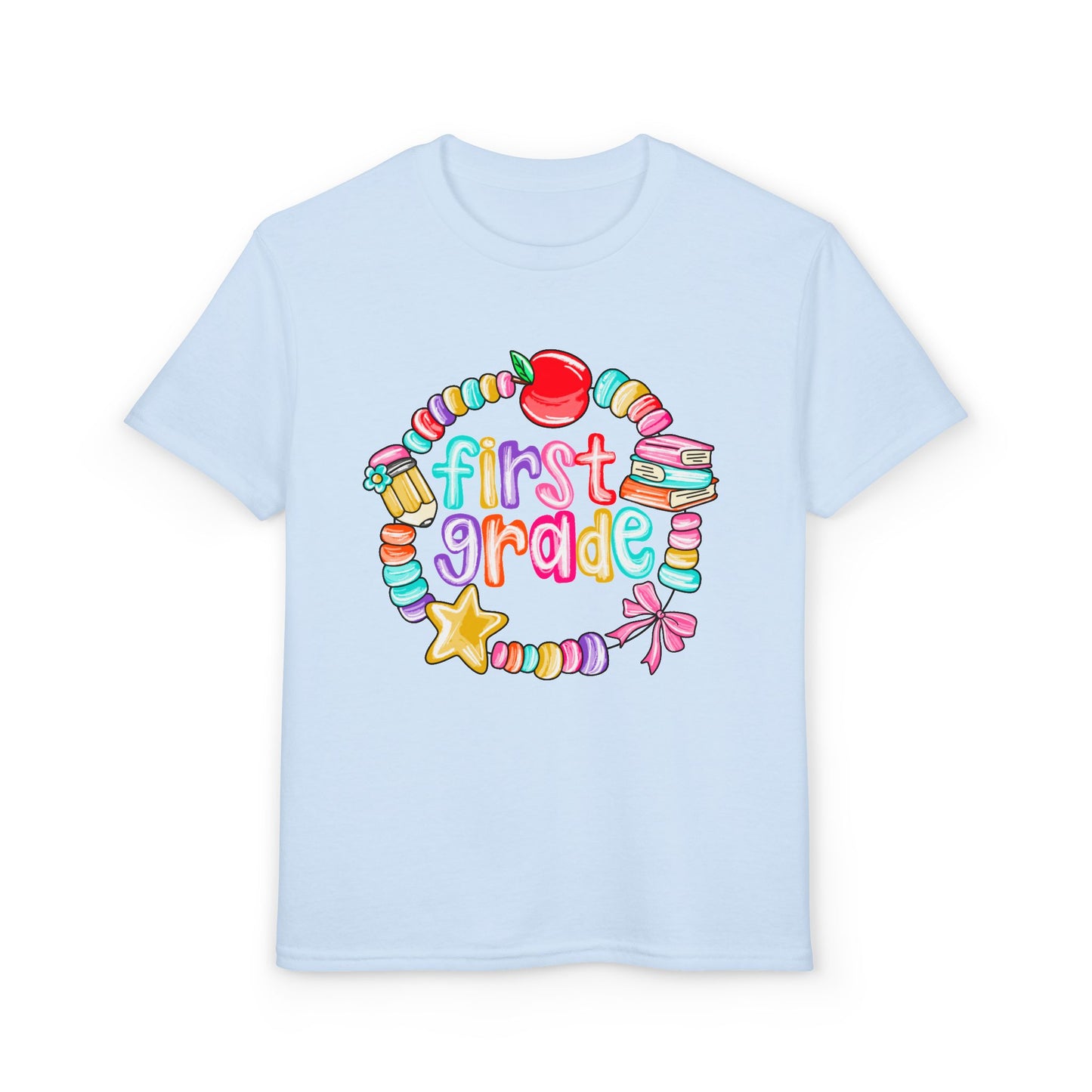 First Grade Youth T-Shirt — Colorful School Bead Wreath Back-to-School Tee