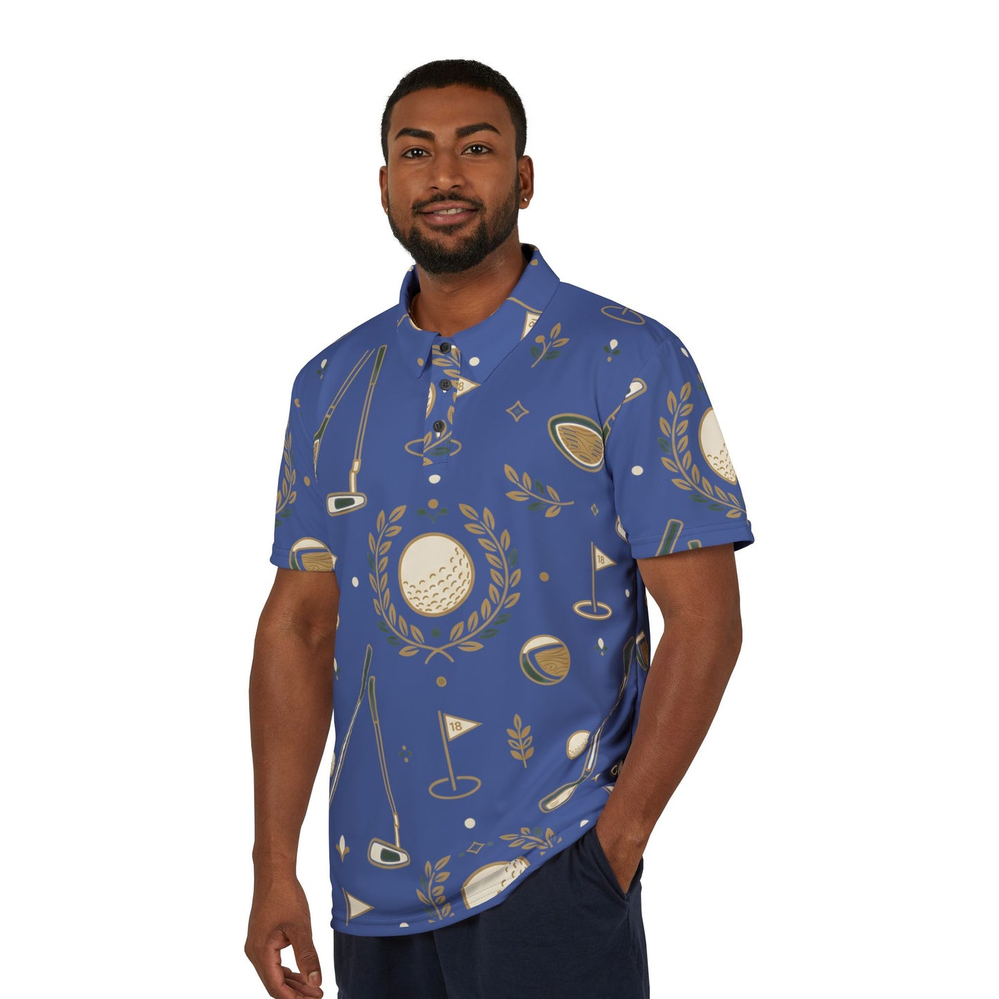 Golf Pattern Polo Shirt — Blue Trophy & Clubs All-Over Print