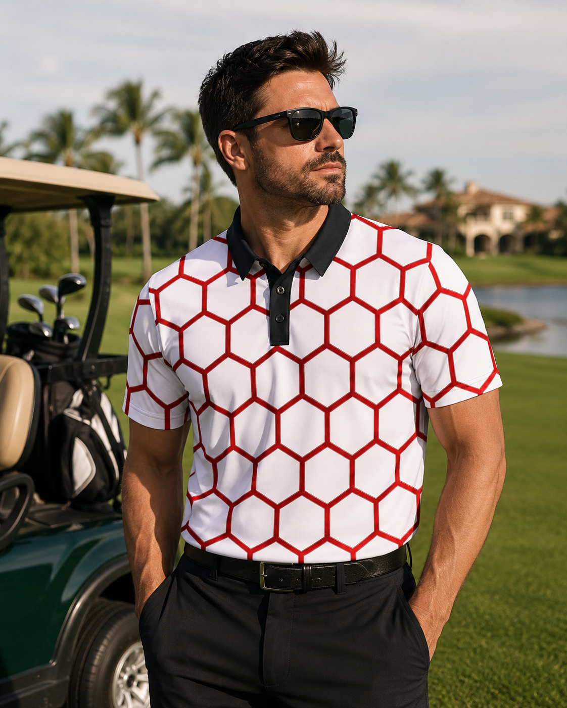 Red Honeycomb Polo Shirt — Geometric Pattern Golf & Casual Polo