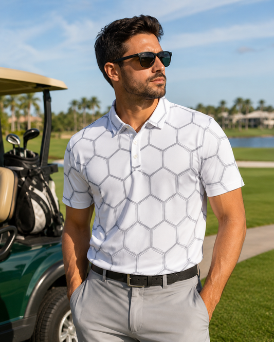 Hexagon Grid Polo Shirt — Geometric White Patterned Polo