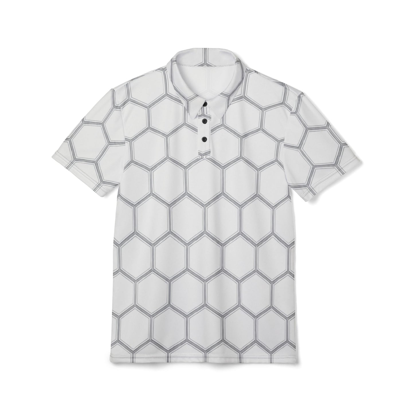 Hexagon Grid Polo Shirt — Geometric White Patterned Polo