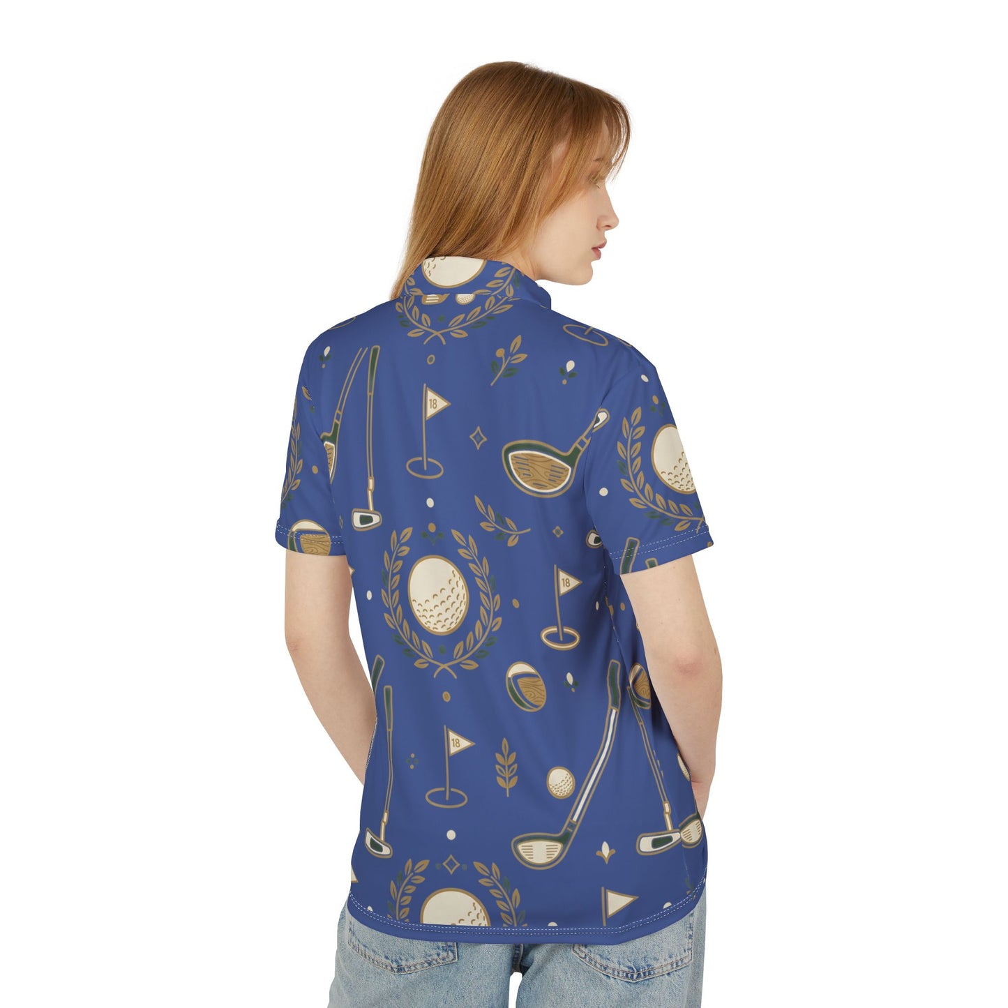 Golf Pattern Polo Shirt — Blue Trophy & Clubs All-Over Print